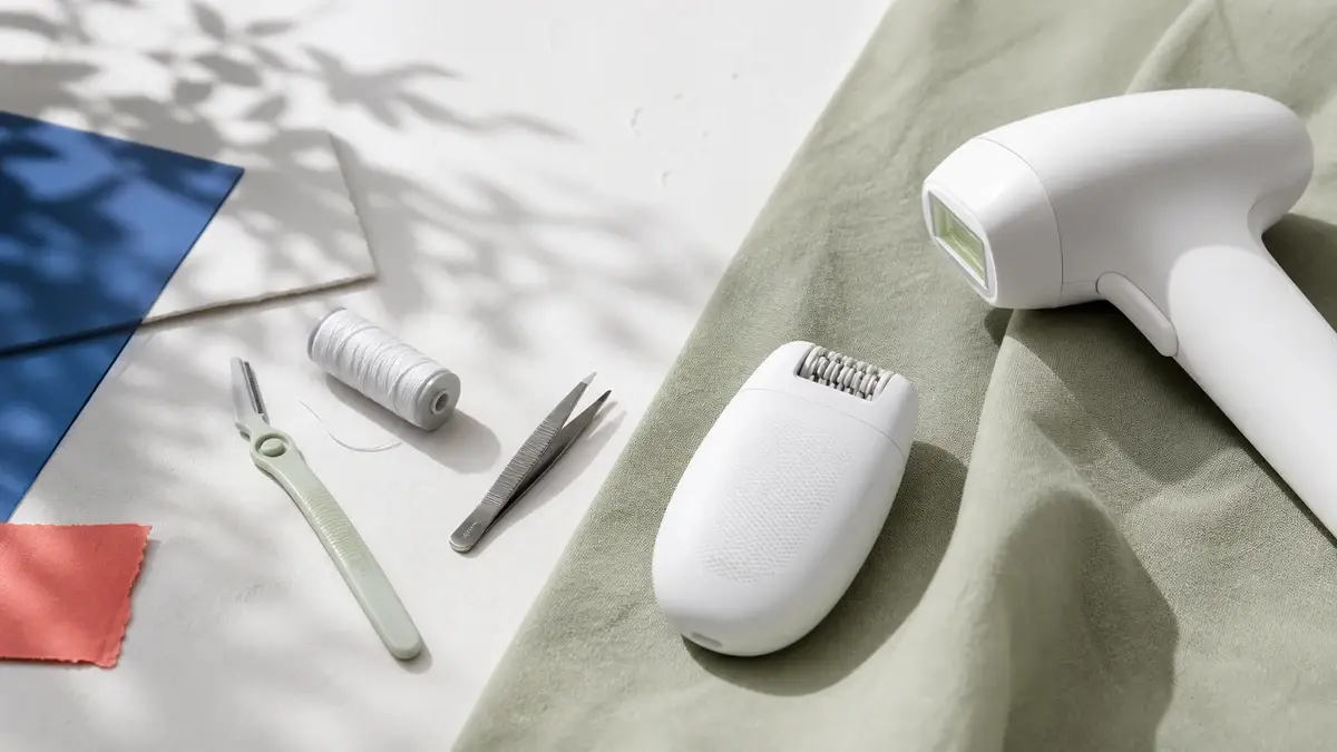 Ansiktshøvel, tråd, pinsett, epilator og umerket IPL-apparat lagt opp for sammenligning