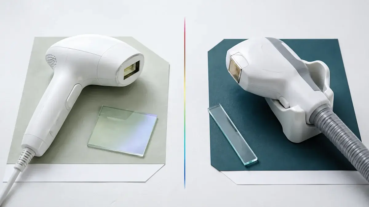 Umerket IPL-apparat og klinisk laserhåndstykke i et delt sammenligningsoppsett